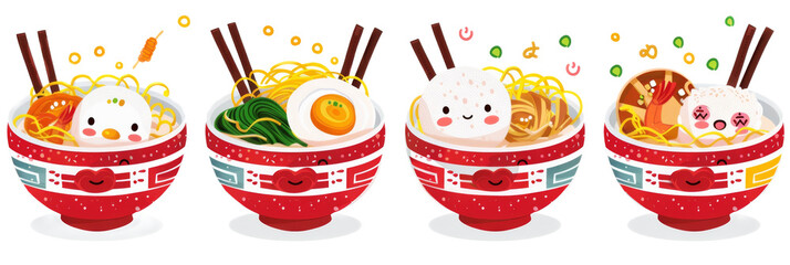 Ramen set, Japanese noodles food, Udon, Soba, Ramen set on white background.