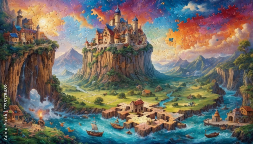 Poster a vibrant fantasy landscape featuring a castle on a cliff as a puzzle, symbolizing the creation of o