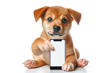 funny dog pointing on smartphone with white screen on white background