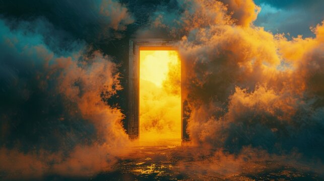 the door open to the universe , center framed, yellow, clouds