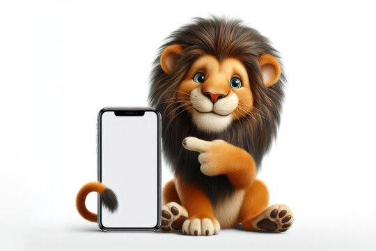 funny Lion pointing on smartphone with white screen on white background
