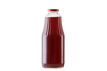 a large red bottle of liquid with a red cap