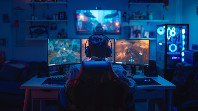 Person from behind playing a video game on multiple monitors.