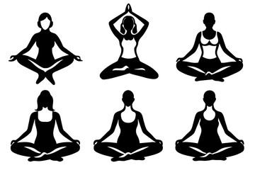 yoga-woman-poses-icons-6-set-vector illustration 