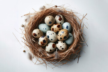 Obraz premium Quail eggs in a nest on a white background