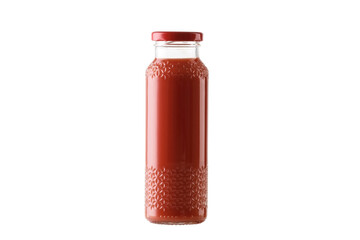 a glass bottle of  tomato juice, floral pattern on the top. isolated on white background.