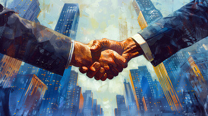 Businessmen Shaking Hands, Urban Corporate Agreement - obrazy, fototapety, plakaty