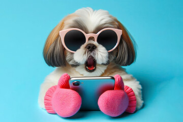 Shocked Shih Tzu dog in sunglasses holding smartphone on color background