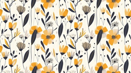 A floral patterned background with yellow and black flowers. The flowers are in various sizes and are scattered throughout the background. Scene is bright and cheerful - obrazy, fototapety, plakaty