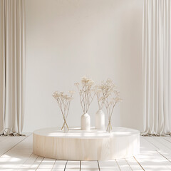 Soft White Colors and Minimalist Design: Captivating Empty Stage with Floral Backdrop