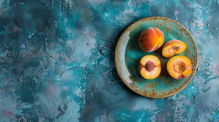 peaches on a plate on a textured blue surface, top view, space for text, 