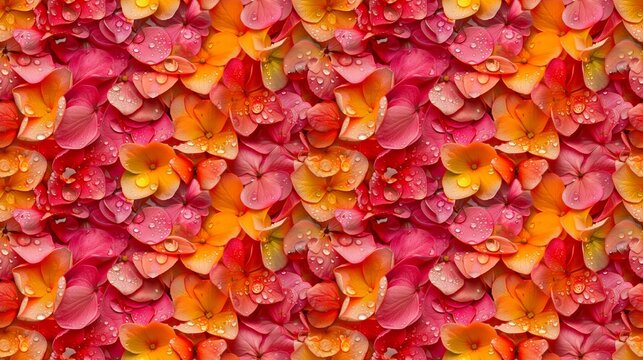 A close up of a bunch of pink and orange flowers with droplets of water on them. The flowers are arranged in a way that creates a sense of depth and texture. The image conveys a feeling of freshness
