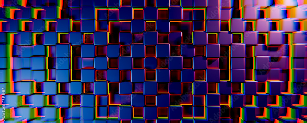 Poster background, pattern of multicolored squares with 3d effect. colors shift and change across surface, 