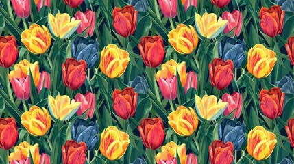 Fototapeta na wymiar A colorful field of tulips with a blue sky in the background. The flowers are in various shades of pink, yellow, and blue