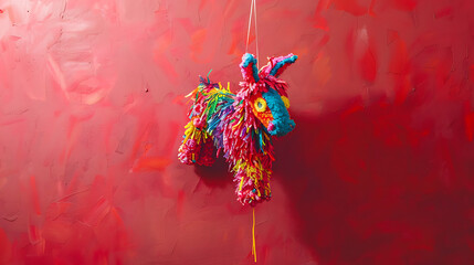 Mexican pinata hanging red background used in posadas and birthdays,, copy space,