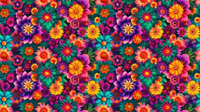 A colorful floral pattern with many different colored flowers. The flowers are in various sizes and are scattered throughout the image. Scene is cheerful and vibrant