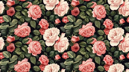 A floral pattern with pink roses and green leaves. The flowers are scattered throughout the image, with some in the foreground and others in the background. Scene is one of beauty and tranquility