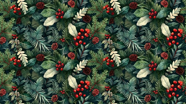 A green and red floral pattern with berries and leaves. The image is of a Christmas tree with a green background