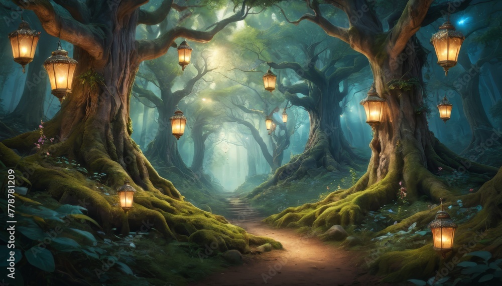 Poster an ethereal forest pathway illuminated by hanging lanterns, inviting a sense of mystery and magic wi