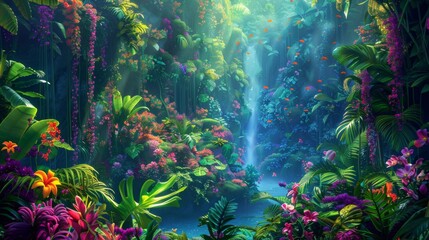 Obraz na płótnie Canvas A colourful rain forest teaming with vibrant coloured flowers and life