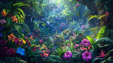 Fototapeta na wymiar A colourful rain forest teaming with vibrant coloured flowers and life