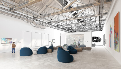 Skizze einer Bilderausstellung in einer renovierten postindustriellen Halle – 3D-Visualisierung - 778781659