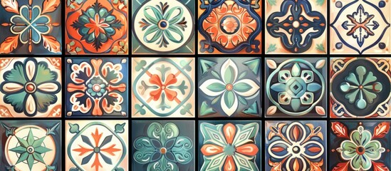 A collection of tiles featuring various designs such as green plants, flowers, and creative arts. The patterns showcase symmetry and petal details, creating captivating art pieces in aqua tones