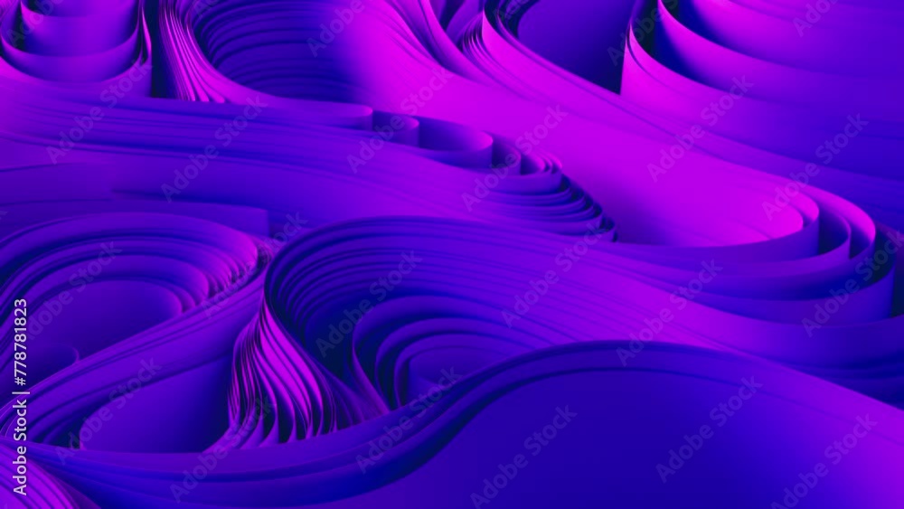 Poster violet layers of cloth warping. abstract fabric twist motion. 3d render animation