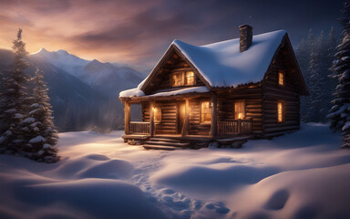 Cozy mountain cabin surrounded by snow, smoke rising from the chimney, under a starry winter night