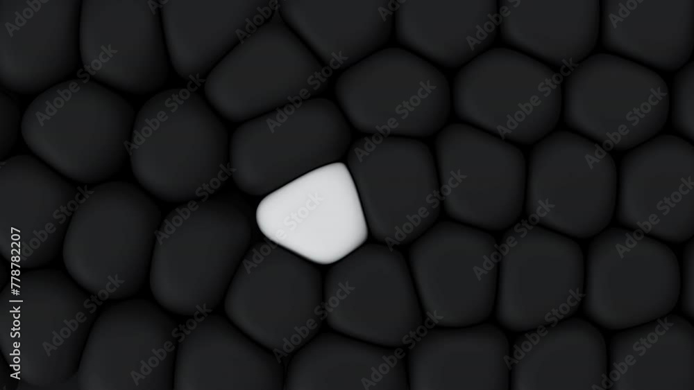 Poster white soft bubble move through black bubbles. concept of struggle, reaching the goals. 3d render ani