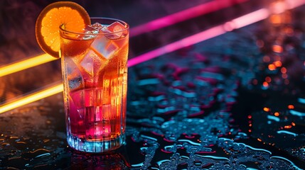 A colorful cocktail in an elegant glass with ice cubes - obrazy, fototapety, plakaty
