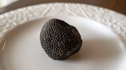 Exquisite black truffle on white plate. Showcased intricate texture, intense earthy aroma for gourmet ravioli fillings. Design for prized culinary delicacy.
