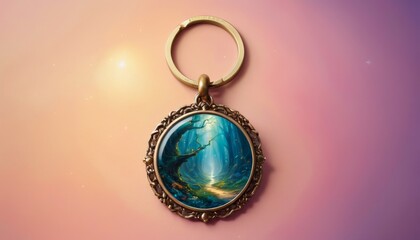 A captivating keychain pendant opening into a vibrant fantasy landscape, blending accessory and portal imagery. AI Generation