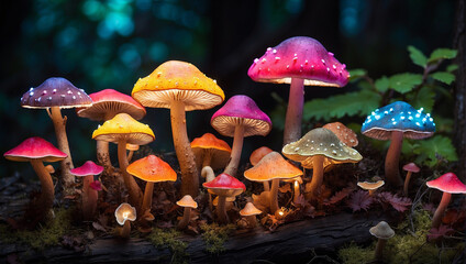 Fototapeta premium mushroom in the forest, Close up of mushroom in forest, Glowing mushroom in dark forest in vibrant colors covered in moss. Magical scenery of light coming out of mushroom cap.
