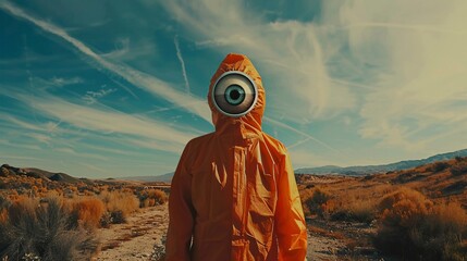 a surreal man with an eye for a face wearing an orange suit