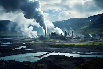 Fototapeta premium Geothermal Power Station Amidst Geysers and Steam Vents.