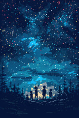 fantasy background with silhouettes of persons unter blue night sky