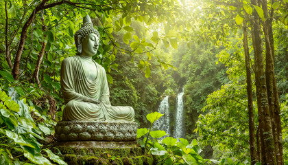 jolie statue de Bouddha, en pleine forêt, cascade d'eau en arrière plan, magnifique, zen