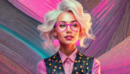 Magnifique portrait, très stylé, d'une jolie jeune Magnifique femme aux cheveux blonds platine, de face, portant des lunettes roses, arrière plan formes abstraite rose et violet