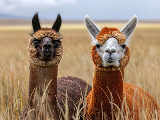 Fototapeta premium Two llamas standing in a field with one of them having a white face