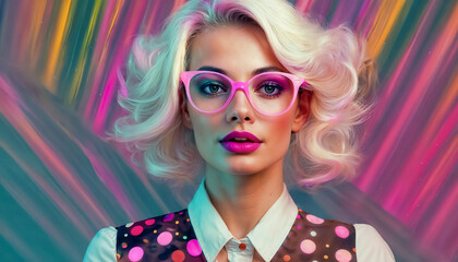 Magnifique portrait, très stylé, d'une jolie jeune Magnifique femme aux cheveux blonds platine, de face, portant des lunettes roses, arrière plan formes abstraite rose et violet