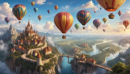 Majestic castle towering over a green landscape, encircled by colorful hot air balloons with mountains stretching into the distance.. AI Generation - obrazy, fototapety, plakaty