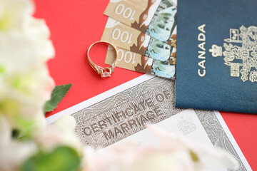 Fototapeta premium Canadian Certificate of marriage document and wedding ring with canadian dollars and passport close up