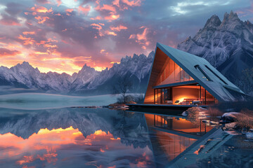 Craft an otherworldly image of a secluded lakeside retreat, where the angular shapes of the cottage blend with the jagged peaks of the surrounding mountains under the dramatic hues of a sunset  - obrazy, fototapety, plakaty