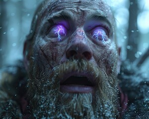 an extreme closeup of a Vikings bewildered eyes turning electric and purple in life changing revelation - obrazy, fototapety, plakaty