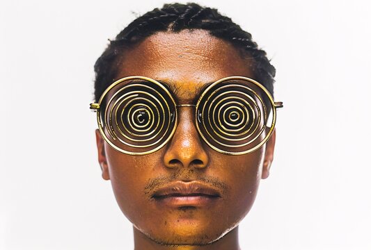 A man with spiral glasses on his face against a white background