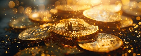 Decentralized Finance Enthusiast, Gleaming Bitcoins with Bokeh Lights Symbolizing Wealth and Innovation in Cryptocurrency Technology
