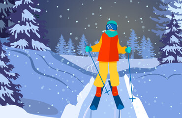 Person practicing skiing in winter forest. Skier wearing mask, holding poles flat vector illustration. Vacation, recreation, slope, ski resort concept. Winter landscape