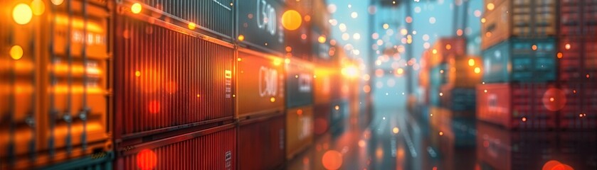 Supply Chain, Logistics, Efficiency, A sophisticated network of shipping containers digitally connected through blockchain for real-time tracking, 3D Render - obrazy, fototapety, plakaty