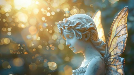 Whimsical Fairy Statue, Marble, Delicate figurine with wings gleaming in the sunlight, Enchanting visitors with its ethereal beauty